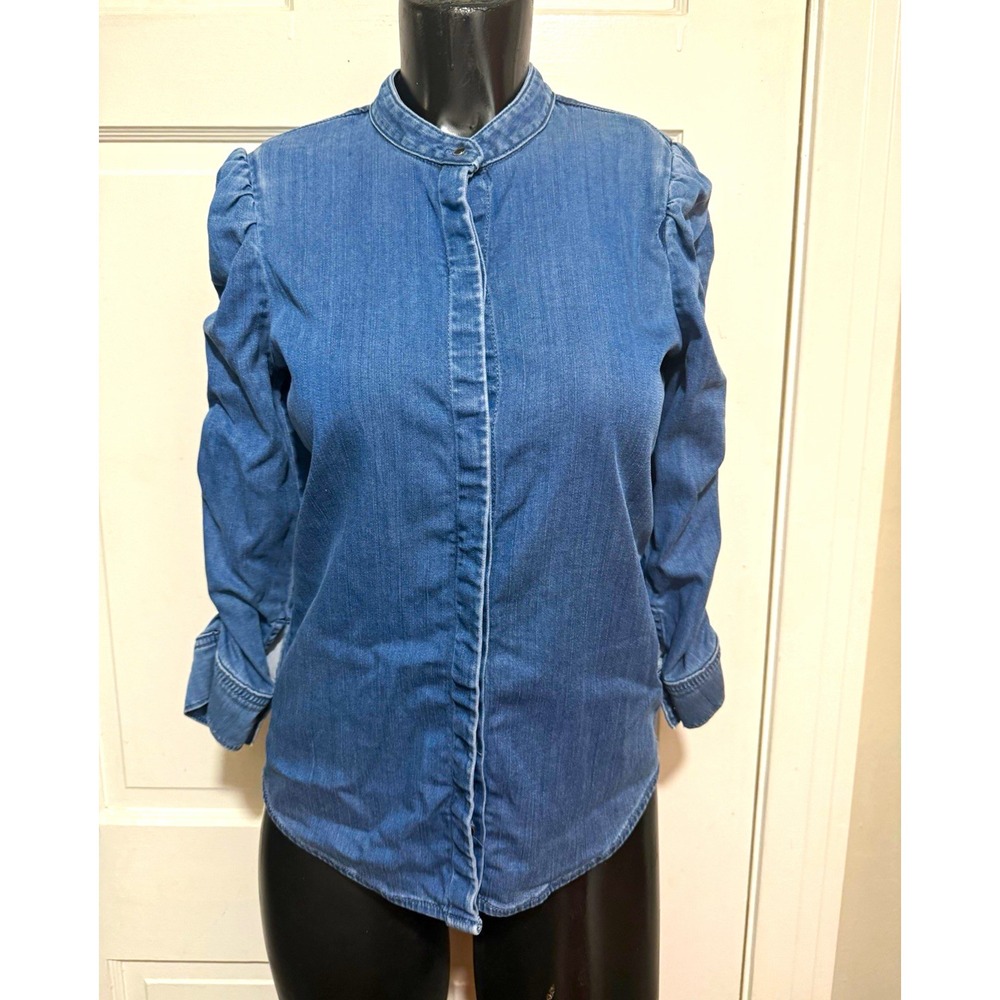 White House Black Market Womens XXS Blue Denim Button-Up Collared Long Sleeve